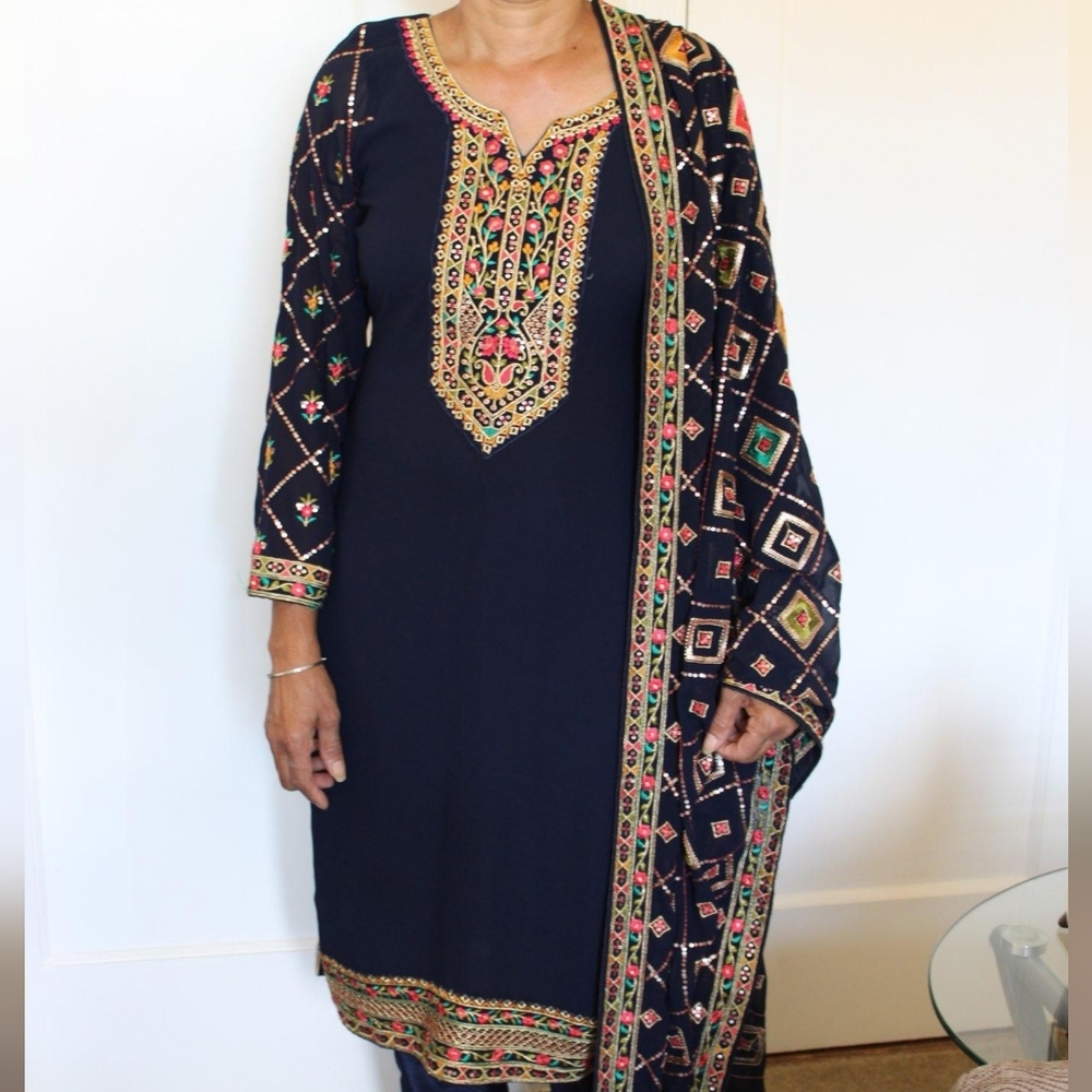 Navy Embroidered Indian Suit with Dupatta and Pants